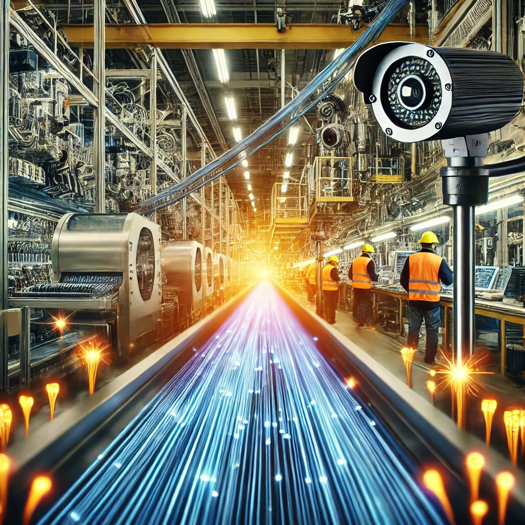 An-industrial-assembly-line-in-a-factory-showcasing-a-vibrant-high-tech-environment.-Fiber-optic-cables-are-prominently-highlighted-in-the-foreground
