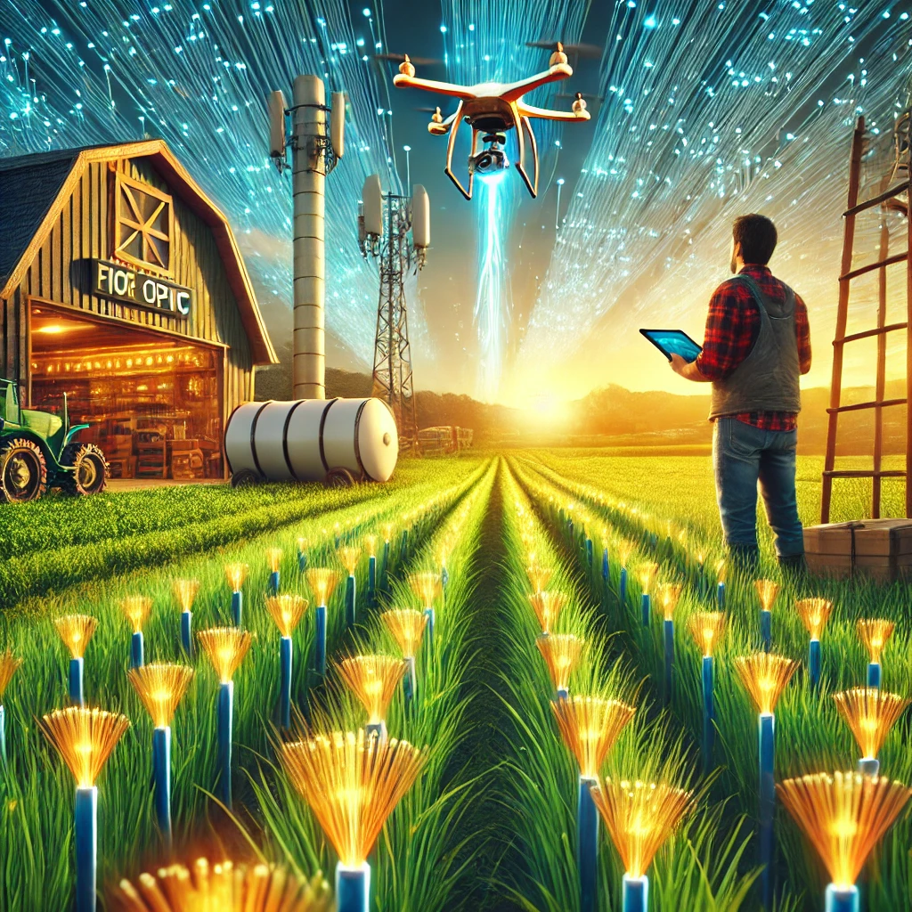 Representación de la fibra óptica en la agricultura moderna, con cables conectando sensores e IoT en campos verdes, un agricultor monitoreando datos en tiempo real desde una tablet, y un dron inspeccionando cultivos. Un granero inteligente simboliza innovación y sostenibilidad.