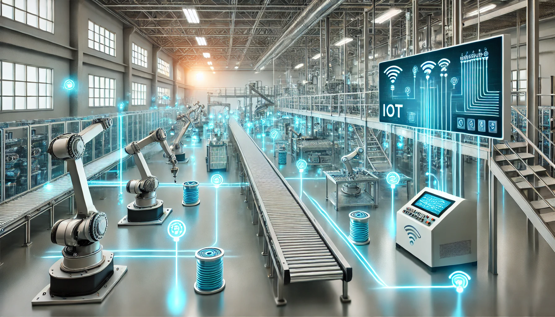 An industrial factory floor with fiber optic