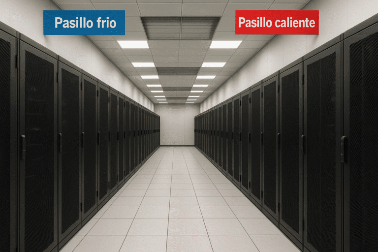 Sistema CRAC de refrigeración para control de temperatura en CPD con racks de servidores y conductos de ventilación.