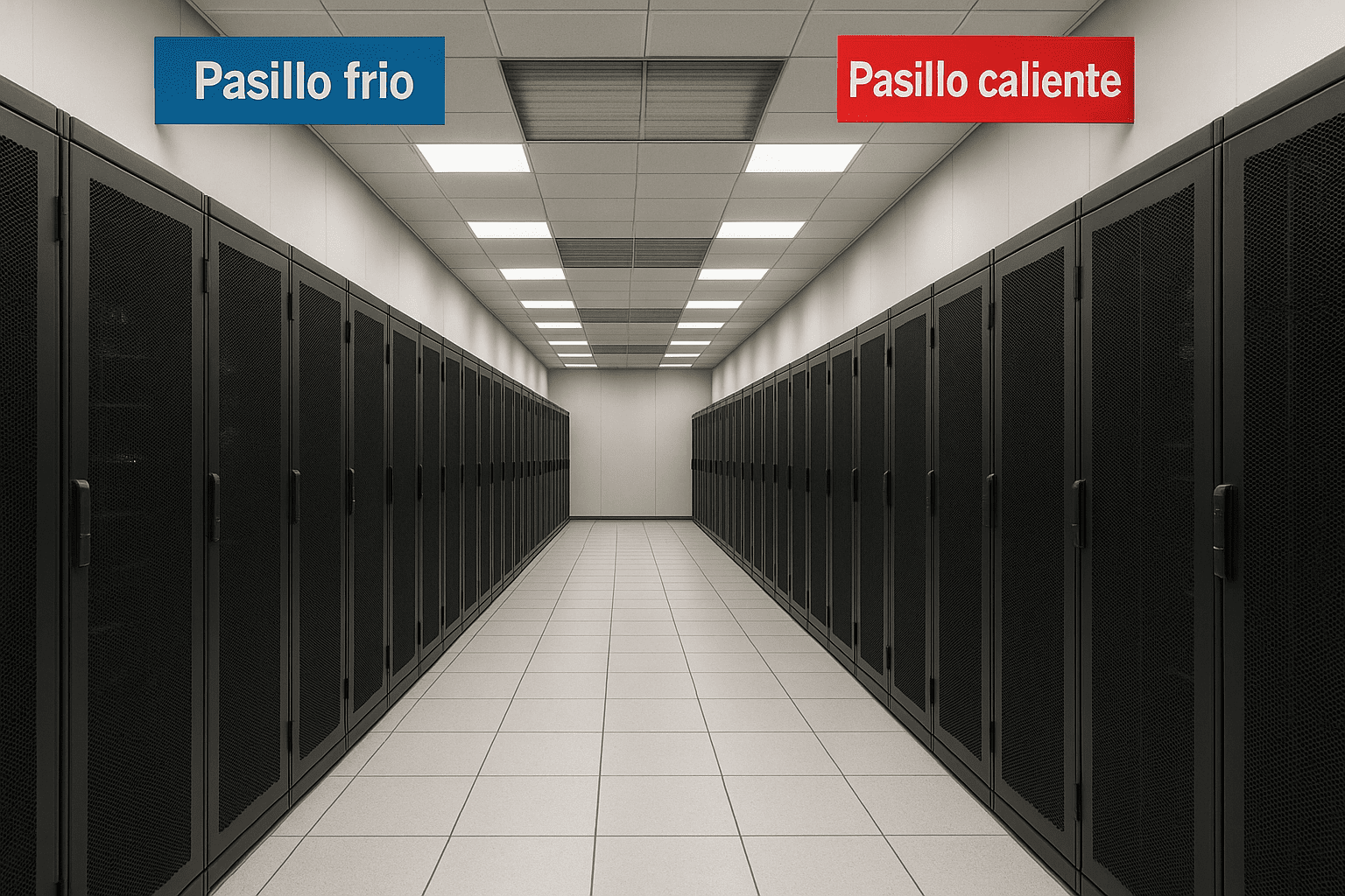Sistema CRAC de refrigeración para control de temperatura en CPD con racks de servidores y conductos de ventilación.