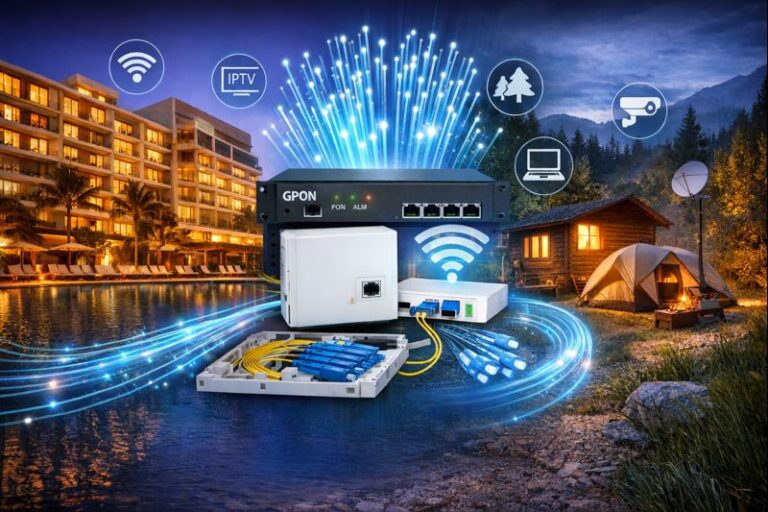 Infraestructura de fibra óptica GPON y FTTR en hotel y camping con equipos y cableado pasivo