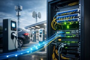 Estación de recarga de vehículos eléctricos conectada a un armario de comunicaciones con fibra óptica para gestión y monitorización remota