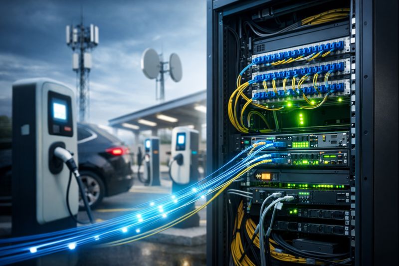 Estación de recarga de vehículos eléctricos conectada a un armario de comunicaciones con fibra óptica para gestión y monitorización remota