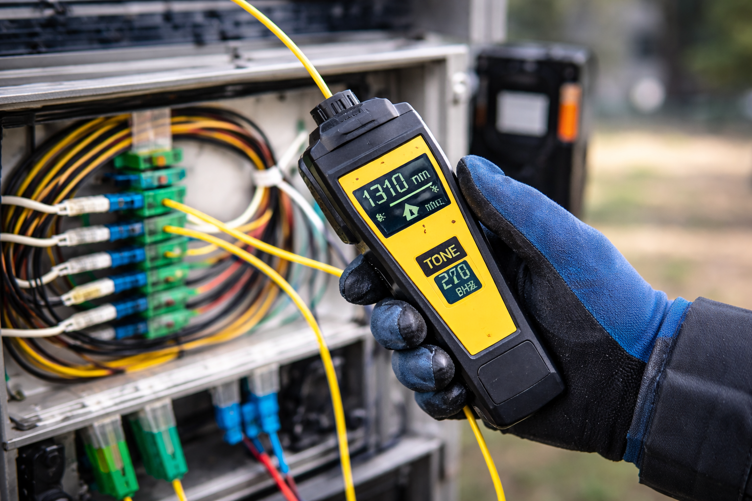 Identificador de fibra óptica en uso, detectando presencia y dirección de señal en un cable óptico durante pruebas de campo FTTH/PON