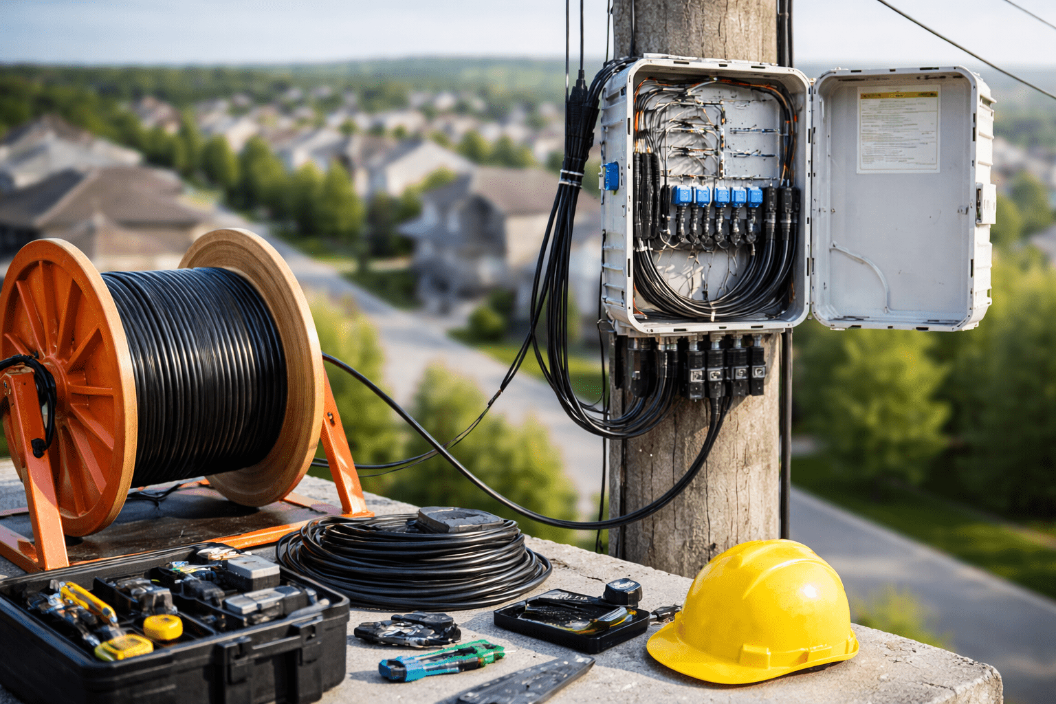 Caja de distribución de fibra óptica en poste durante un despliegue aéreo FTTH en zona residencial