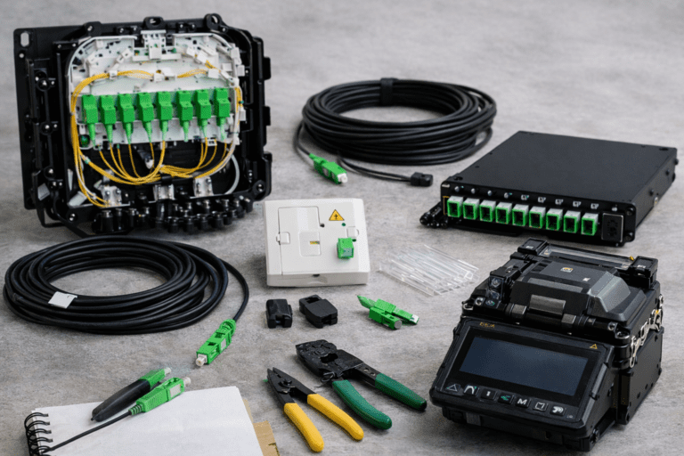 Material FTTH para obra nueva con caja de empalme, cable de fibra y repartidor óptico
