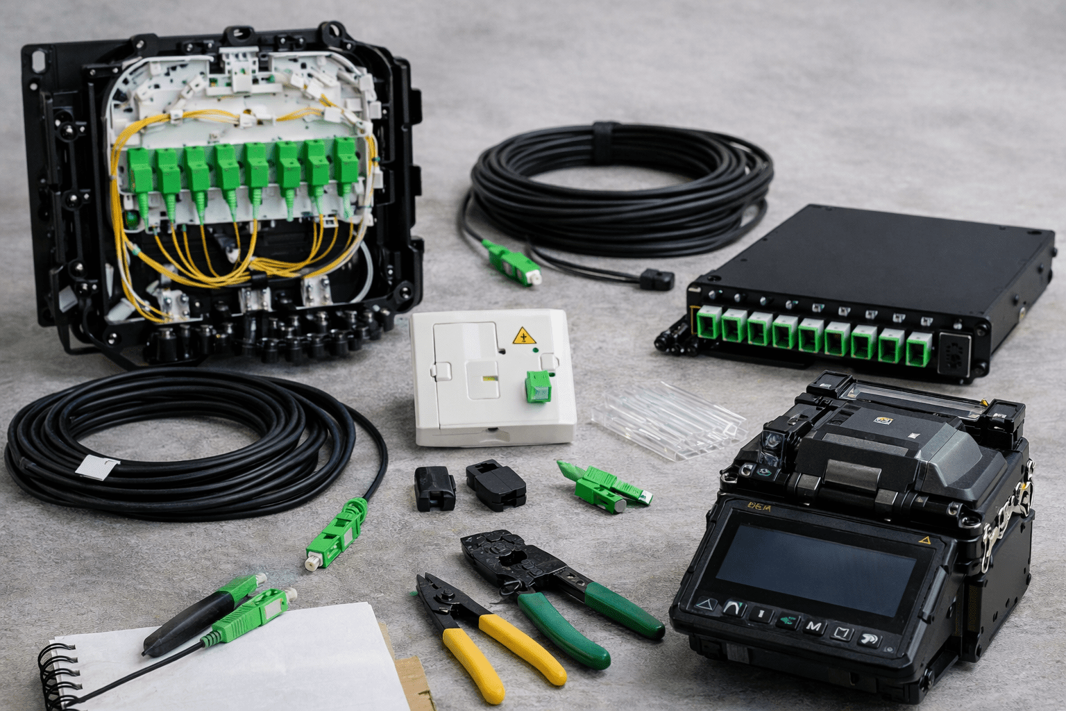 Material FTTH para obra nueva con caja de empalme, cable de fibra y repartidor óptico