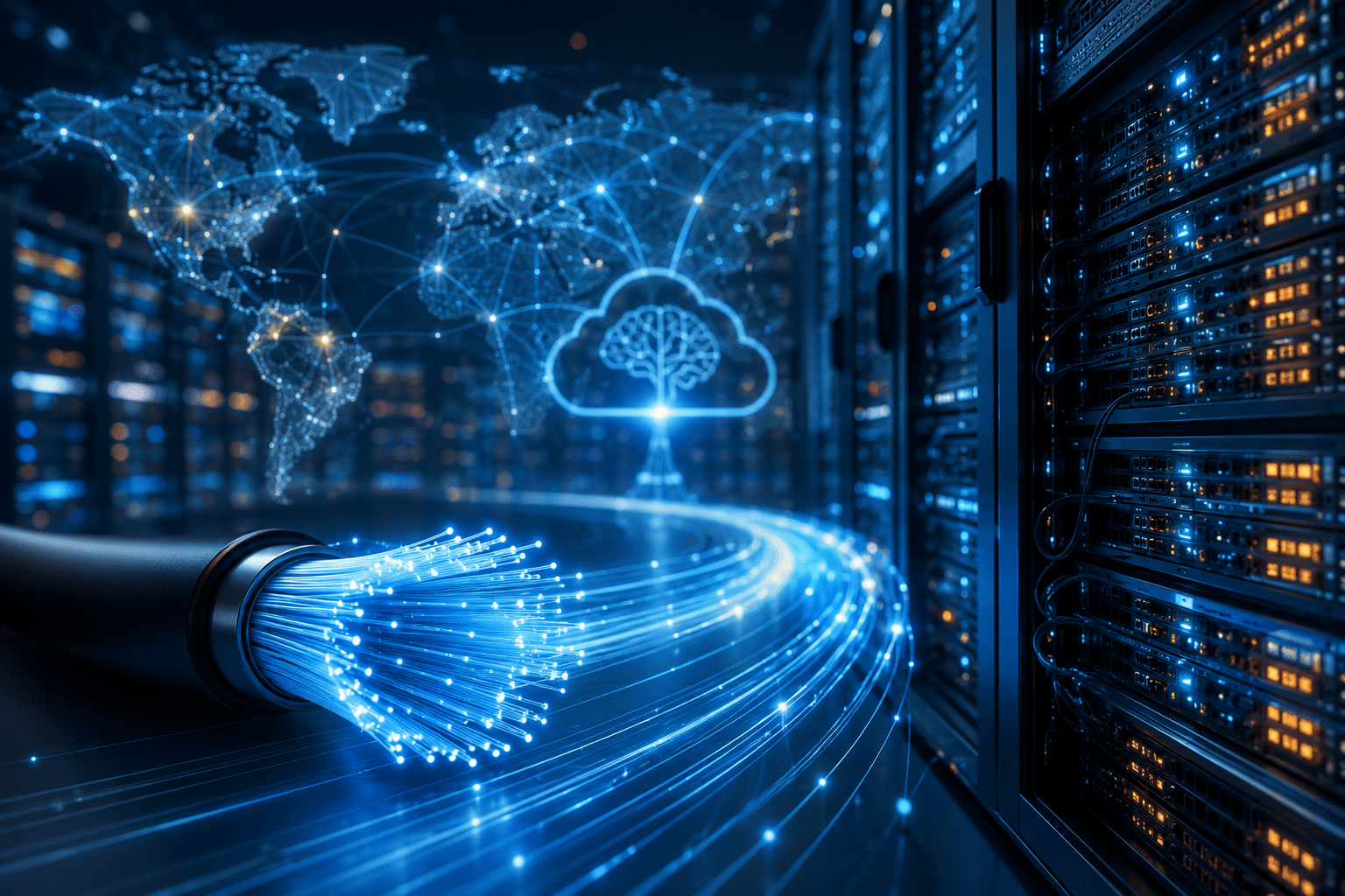 Centro de datos con cable de fibra óptica y servidores que representan la infraestructura de red necesaria para la inteligencia artificial